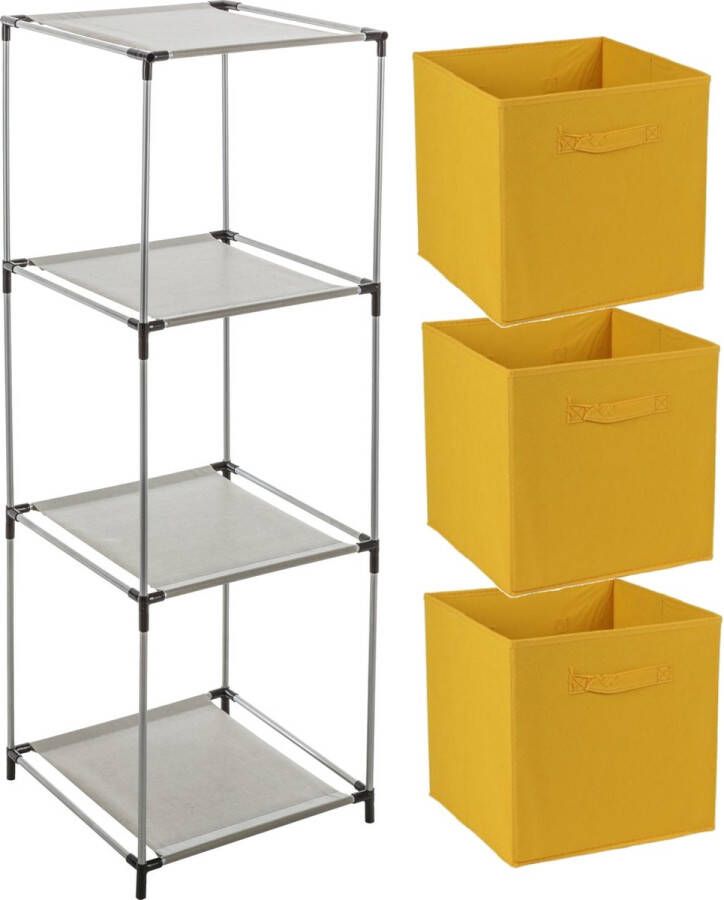 Merkloos Opbergrek 3-laags metaal grey 34 x 98 cm voor opbergmanden incl. 3 manden oker geel Opbergrekjes