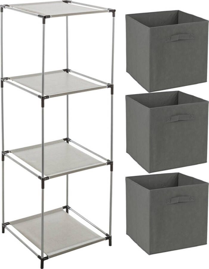 Merkloos Opbergrek 3-laags metaal grijs 34 x 98 cm voor opbergmanden incl. 3 manden donkergrijs Opbergrekjes