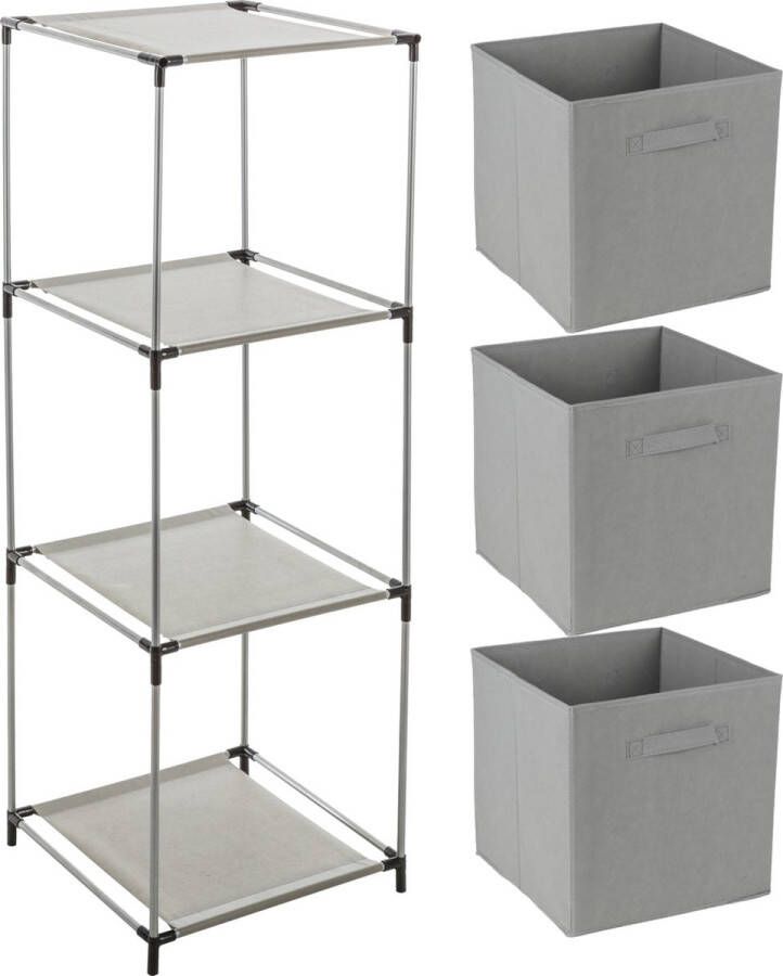 Merkloos Opbergrek 3-laags metaal grijs 34 x 98 cm voor opbergmanden incl. 3 manden grijs Opbergrekjes