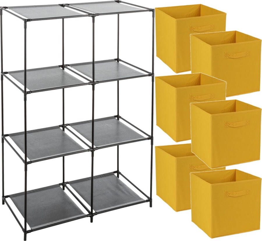 Merkloos Opbergrek 3-laags metaal kunststof zwart 68 x 98 cm incl. 6 opbergmanden oker geel Opbergrekjes