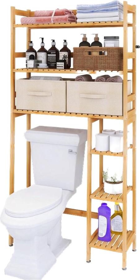 Opbergrek Badkamer met Lade Bamboe Toilet Opbergrek Ruimtebespaarder 3-Tier Verstelbare Planken opbergrek