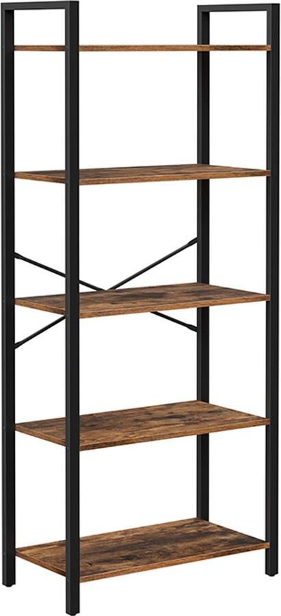 Opbergrek Boekenkast Dressoir met 5 open opbergvakken Stevig metalen frame Geschikt voor woonkamer kantoor studeerkamer en hal 30 x 66 x 153 cm Bruin en zwart