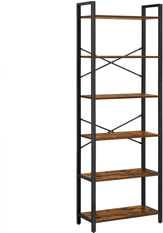 Opbergrek Boekenkast Dressoir met 6 open opbergvakken Stevig metalen frame Geschikt voor woonkamer kantoor studeerkamer en hal 66 x 30 x 186 cm Bruin en zwart