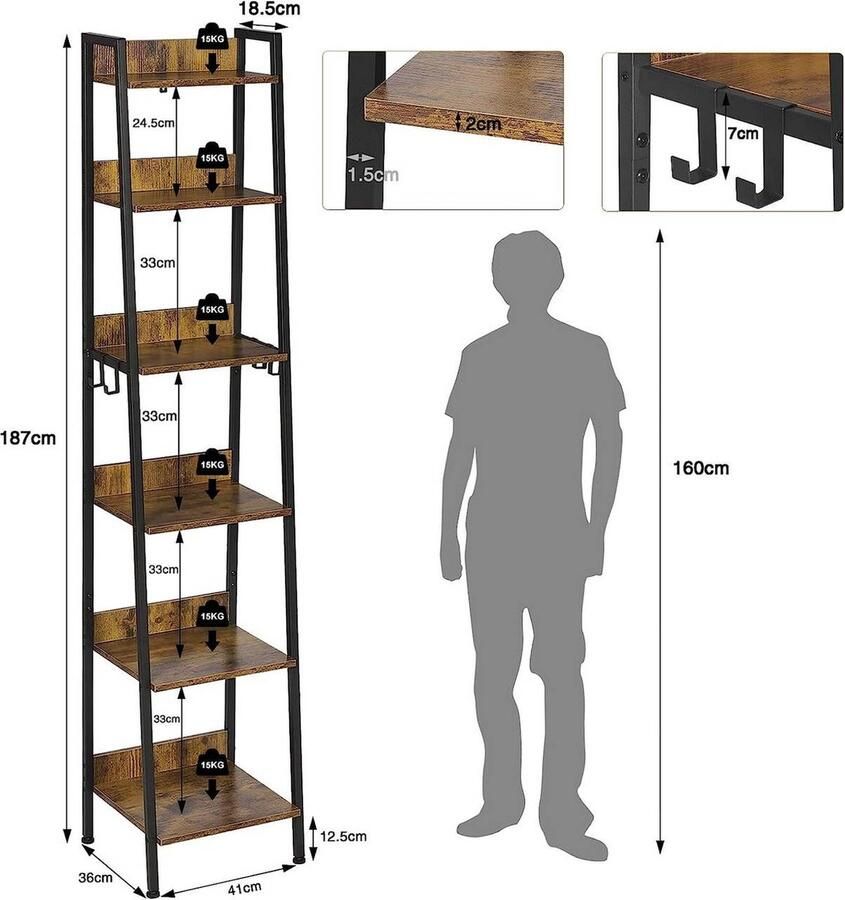 Rootz Living Rootz opbergrek in industriële stijl stellingkast displayplank duurzaam MDF en metaal veelzijdig elegant veilig 41 cm x 187 cm x 36 cm