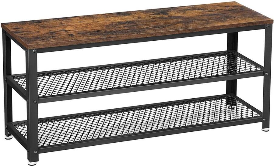 Opbergrek schoenenrek schoenenbank multifunctioneel opbergmeubel met dubbele opbergplanken en bovenblad dat als schoenenbank kan dienen stevig metalen frame 100 x 30 x 45 cm bruin + zwart