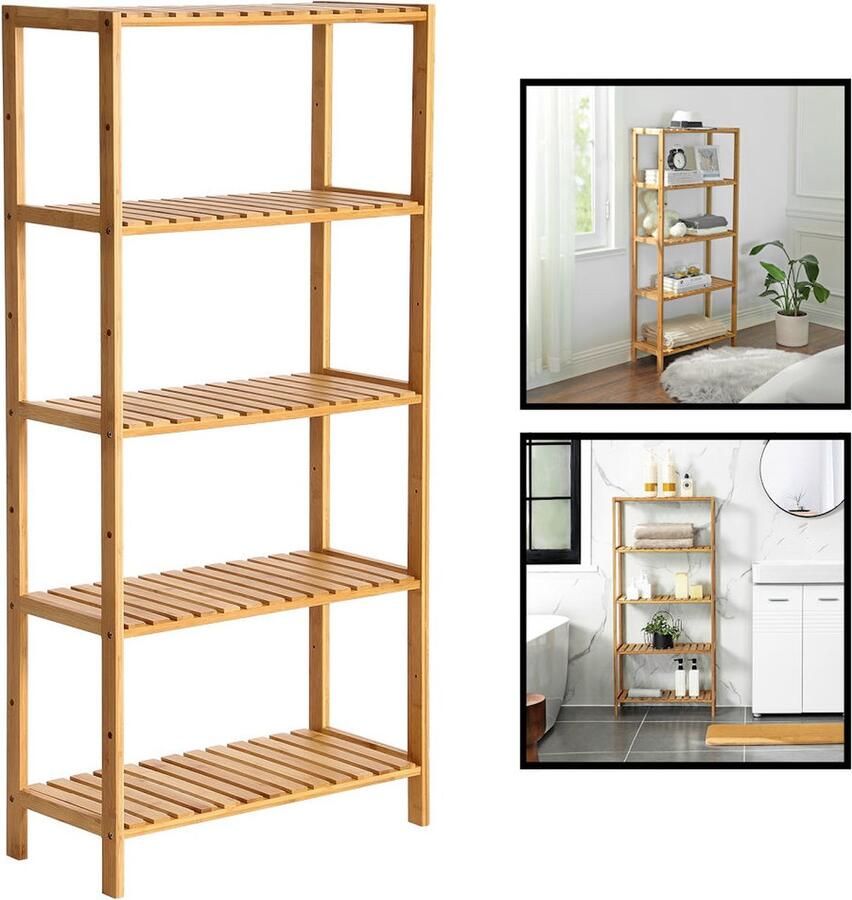 Opbergrek van bamboe hout Als open badkamerrek schoenenrek of keukenrek Opbergkast met 5 verstelbare etages planken Rek voor badkamer keuken en hal 60 cm breed Decopatent