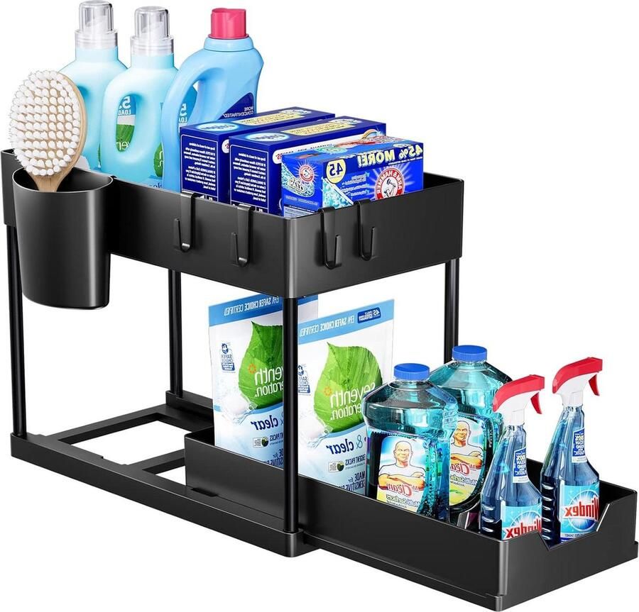 Opbergrek voor onder de gootsteen keukenopberger 2 niveaus met uitschuiflade multifunctioneel opbergrek voor badkamer aanrecht wasruimte zwart opbergrek