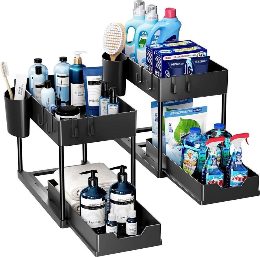 Opbergrek voor onder de gootsteen keukenopberger met uitschuiflade 2 niveaus multifunctioneel badkamer aanrecht wasruimte zwart opbergrek