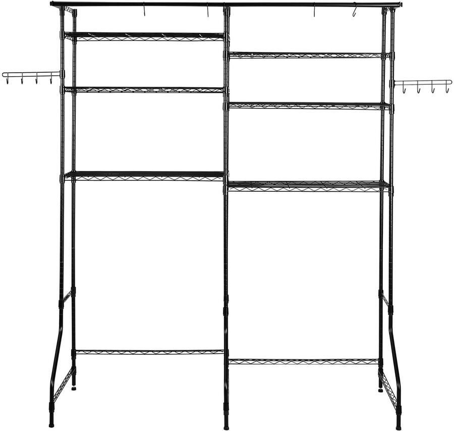 Opbergrekken voor Wasmachine En Droger 6-Vaks Kledingrek met Kledingroede En Haken Dubbele Rij En Verstelbare Planken voor Opslag En Organisatie Zwart