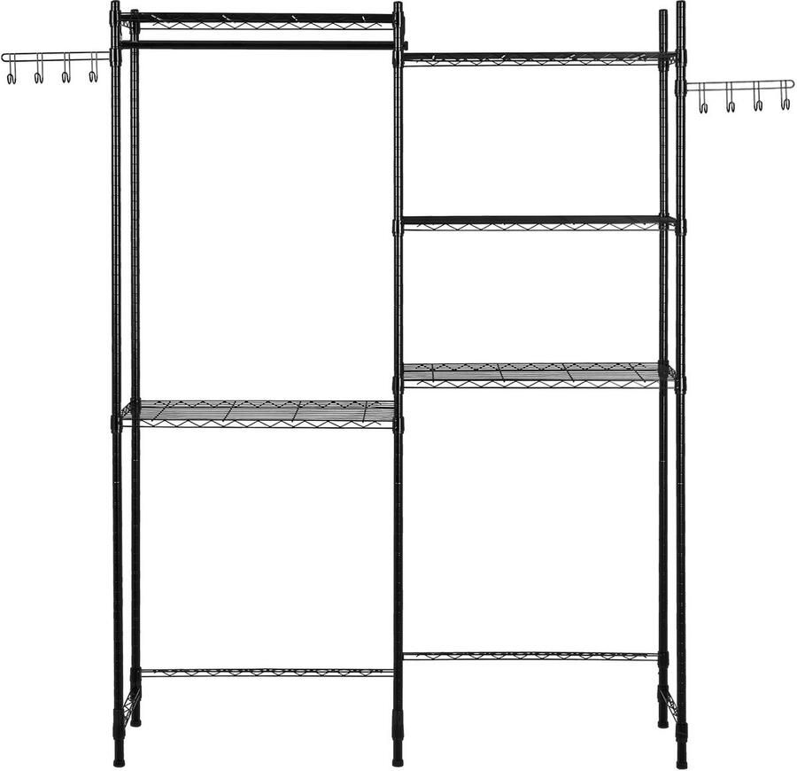 Opbergrekken voor Wasmachine En Wasdroger 5-Vaks Kledingrek met Kledingroede En Haken Dubbele Rij En Verstelbare Planken voor Opslag En Organisatie Zwart