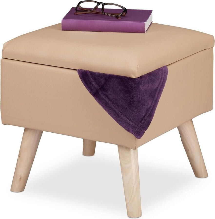 Opbergruimte krukje van kunstleer HBD 40x40x40 cm beige zitting extra opbergruimte