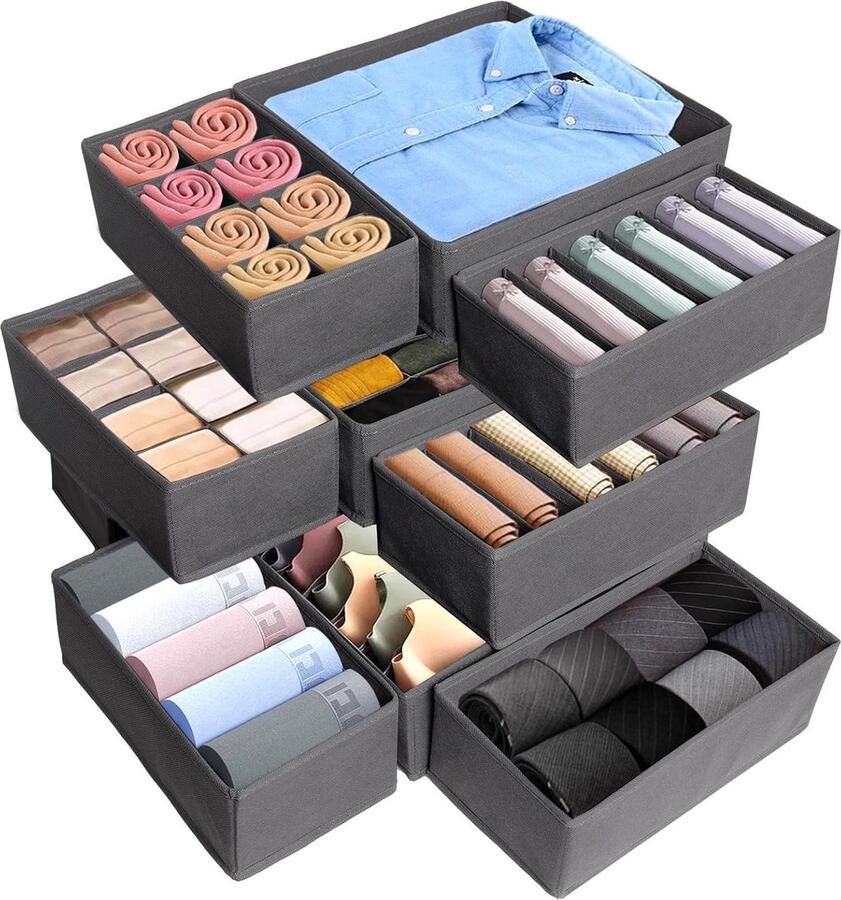 Opbergsysteem kledingkast set handige organizers 12 stuks grijs stof