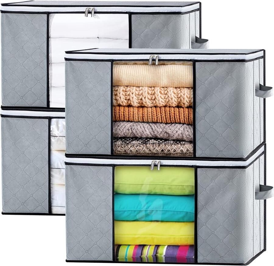 Opbergtas 4 stuks grote vliesstof opbergdoos voor onder bed met handvat voor dekbed kleding dekbedden kussens speelgoed 60 x 40 x 35 cm grijs