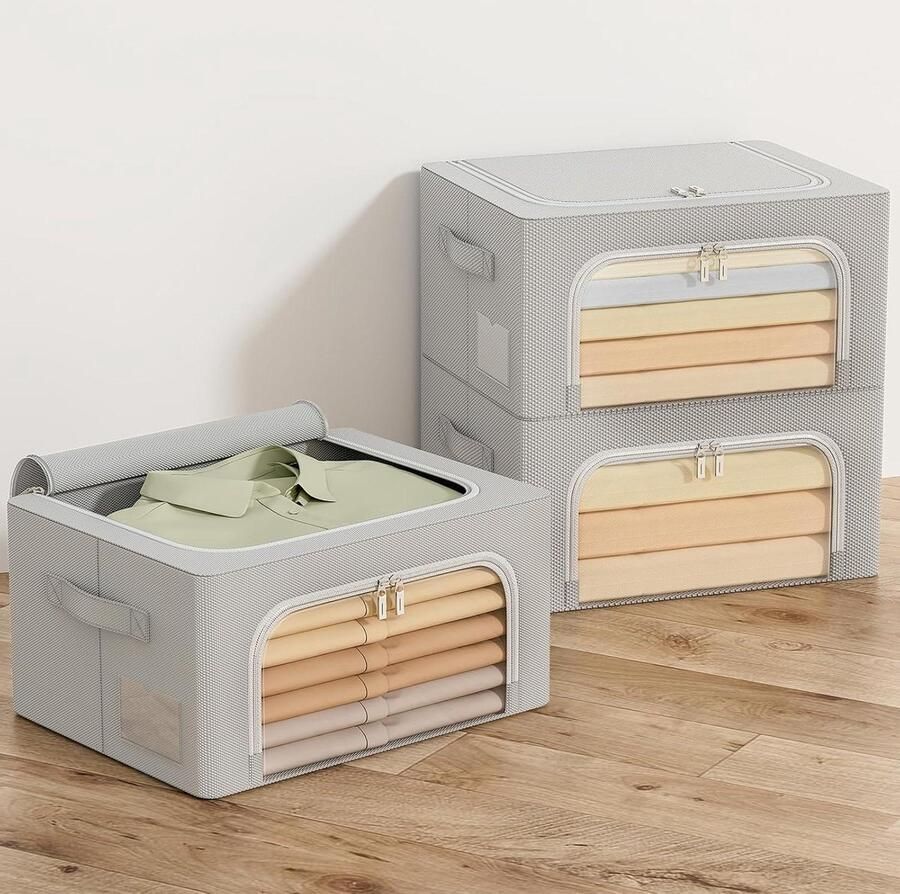 Opbergtas met metalen frame voor dekbedden en kleding Opvouwbare kledingopslag Stapelbaar 3 stuks grijs 24 liter