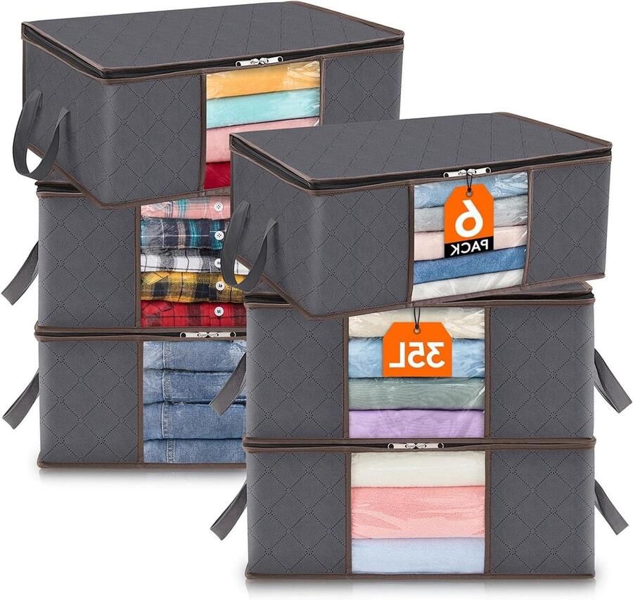 Opbergtas Opvouwbare Opbergbak Kast Organizer met Versterkte Handvat Stevige Stof Doorzichtig Venster voor Truien Jassen T-shirts Dekens 6 stuks 35L Grijs