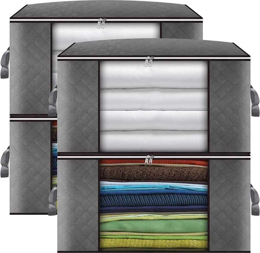 Opbergtas voor kleding 4 stuks 90 liter grote capaciteit kleding organizer dekbedden dekens beddengoed ritssluiting doorzichtig venster versterkte handgreep dikke en
