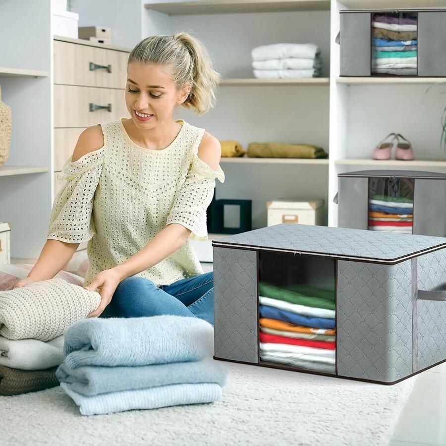 Opbergtassenset van 4 grote opvouwbare opbergdozen met deksel versterkt handvat en ritssluiting kledingopslag voor het opbergen van dekbedden kussens kleding (60 x 40 x 35)