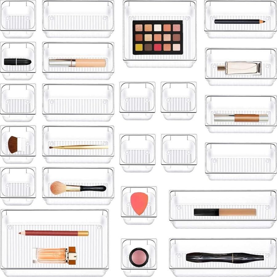 Opbergvakjes voor bureaulade 24 stuks doorzichtige ladeverdelers veelzijdige opbergdozen make-up organizer voor slaapkamer dressoir badkamer keuken kantoor