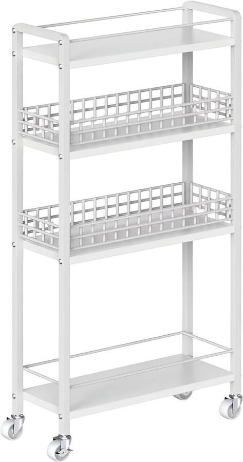 Opbergwagen EWW17TC01 – Smalle keukentrolley met 4 niveaus en manden – Op wielen – Wit – Voor keuken badkamer of wasruimte