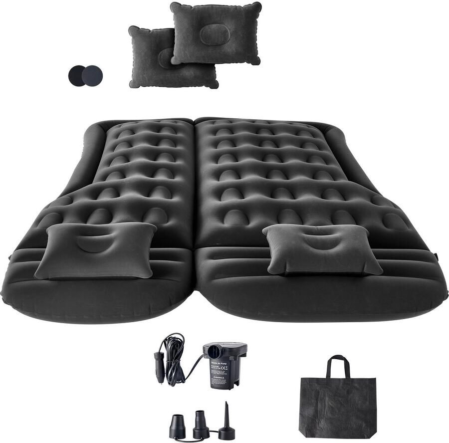 Opblaasbaar Autoluchtbed voor Kamperen Gevlokt en Versterkt Reismatras met Luchtpomp 2 Kussens Mondstuk en Draagtas Past op de Meeste Suv's Mpv's en Sedans Zwart