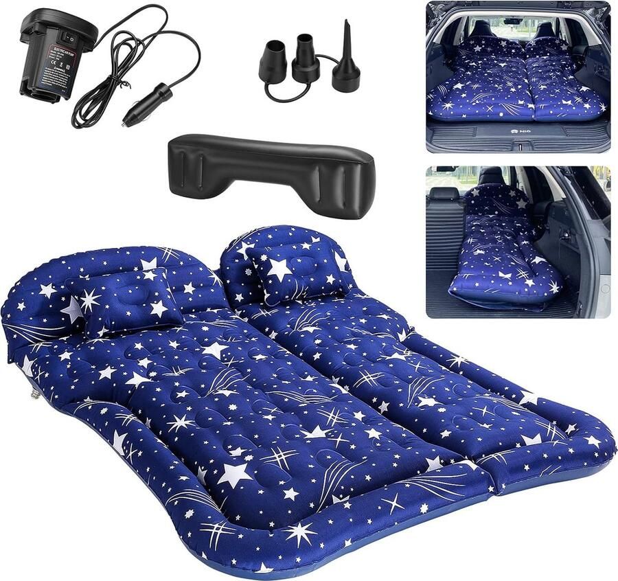 Opblaasbaar matras voor auto reizen en camping met kussen (blauw)