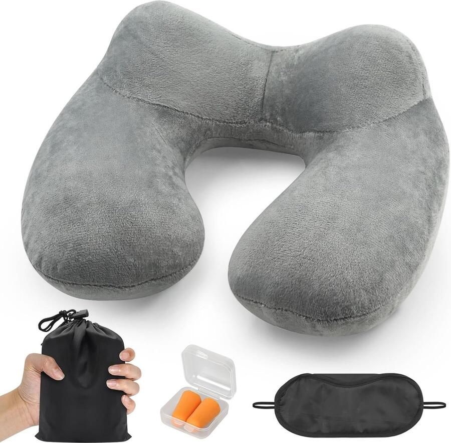 Opblaasbaar Nekkussen voor Reizen Ergonomisch en Zacht Fluweel met Oordopjes perfect voor Vliegtuig Auto en Kantoor