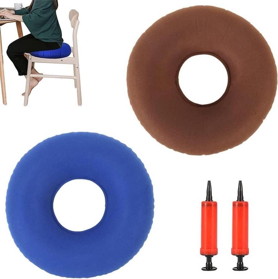 Opblaasbaar orthopedisch zitkussen rond donutkussen voor auto's banken kantoren en rolstoelen 2 stuks (blauw bruin) met pomp