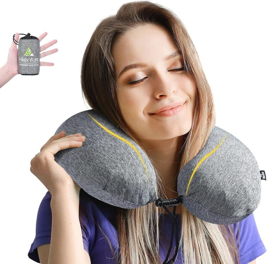 Opblaasbaar reiskussen voor volwassenen Grijs nekkussen met kussensloop voor comfortabel reizen in vliegtuig en trein