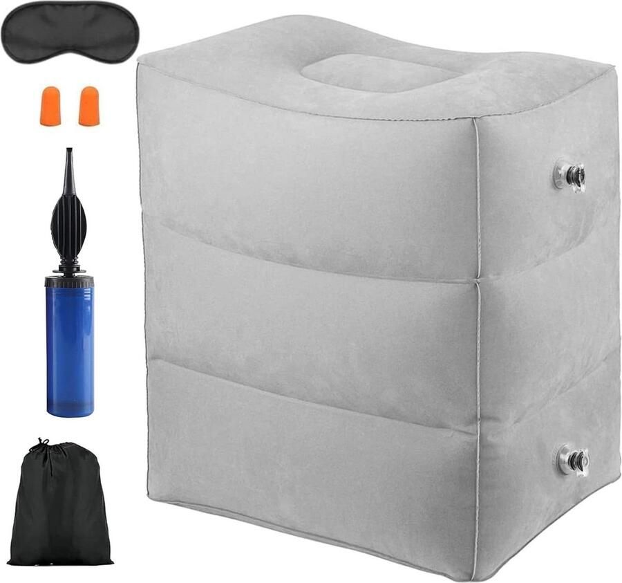 Opblaasbaar voetsteun voetkussen voor reizen verstelbare hoogte draagbaar met oogmasker voor auto trein bus kantoor 3 lagen