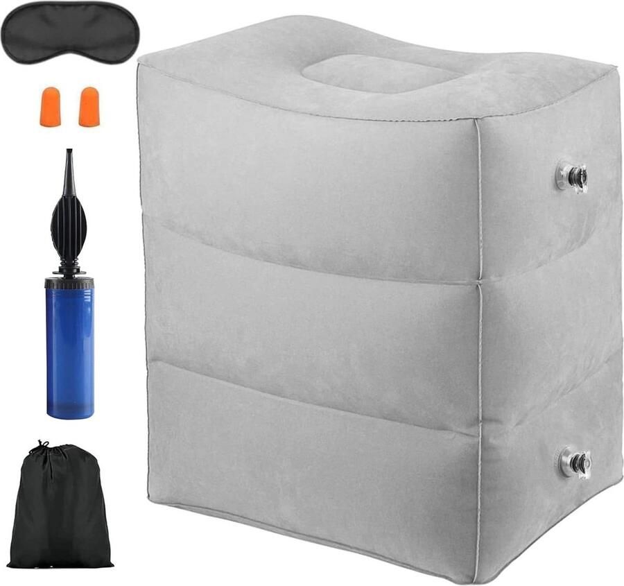 Opblaasbaar voetsteunkussen voor op reis Verstelbaar vliegtuig voetsteunkussen Draagbare voetsteun met oogmasker Grijs Foot rest