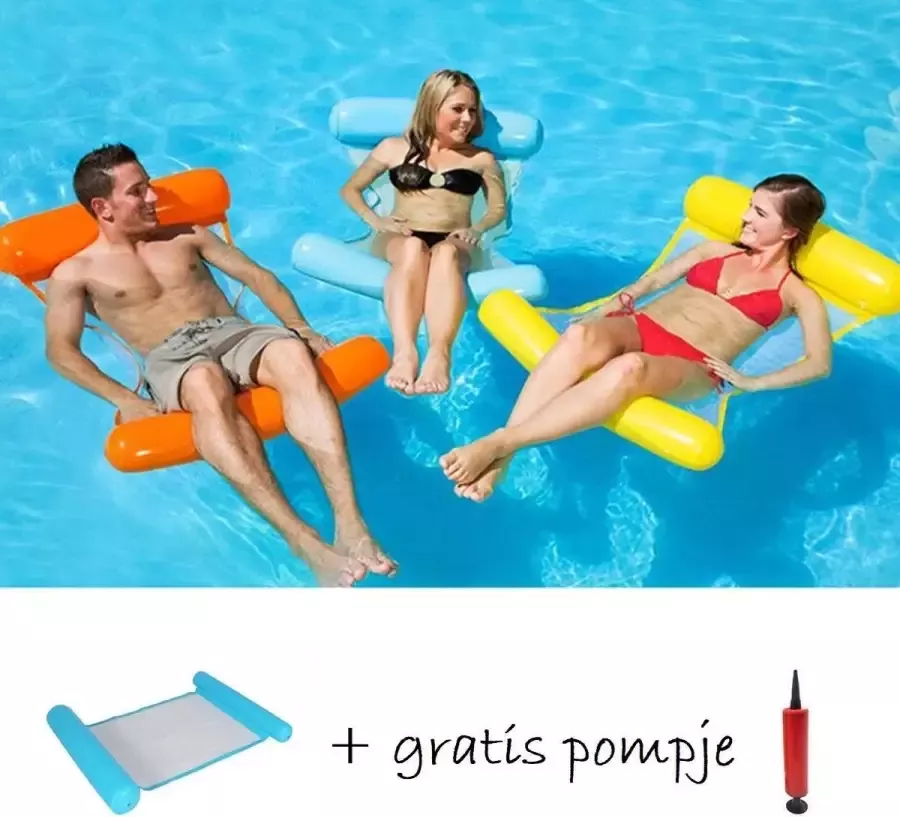 Opblaasbaar Water Hangmat + GRATIS Pompje Hang Mat Waterhangmat Luchtbed Lounge Licht Blauw