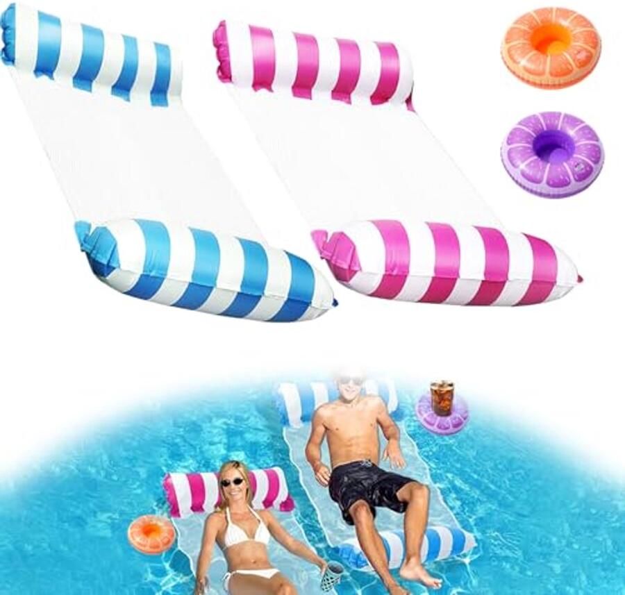 Opblaasbare Hangmat en Luchtbed voor Zwembad 4-in-1 Watermatras met Bekerhouders voor Kinderen en Volwassenen