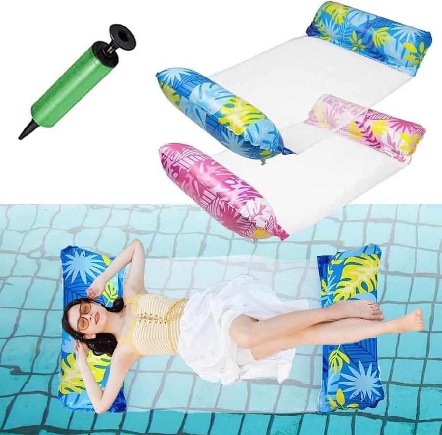 Opblaasbare Hangmat voor Zwembad 2 Stuks Opblaasbaar Zwembed Luchtmatras Hangmat Water Zwemmat met Net Zwembadlounge Waterhangmat