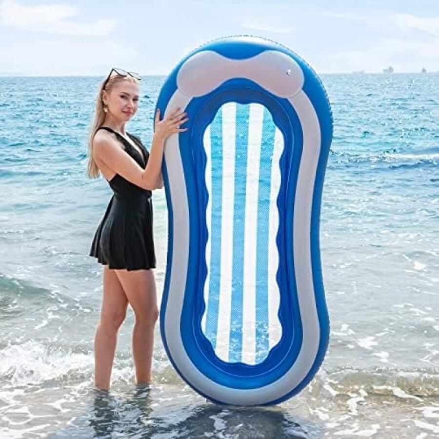 Opblaasbare Hangmat voor zwembad Drijvende Matras Zwembadstoel Gigantische Aqua Opblaasbare Drijver van net Drijvend Bed Sofa voor Volwassenen en Kinderen (Strepen 165 x 75 cm)