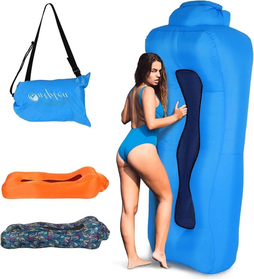 Opblaasbare ligstoel draagbare luchtbank met mesh-rug waterdichte campingligstoel voor zwembad en strand blauw