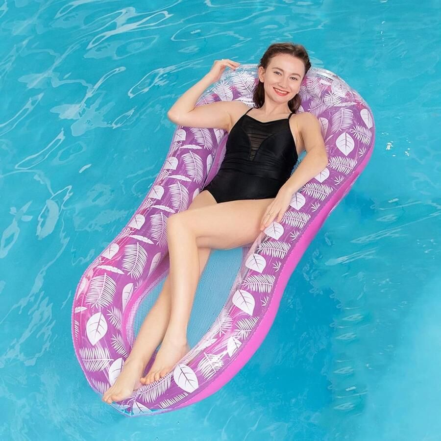 Opblaasbare Luchtmatras Zwembadhangmat Waterbed Drijvend met Net en Hoofdsteun Roze waterhangmat