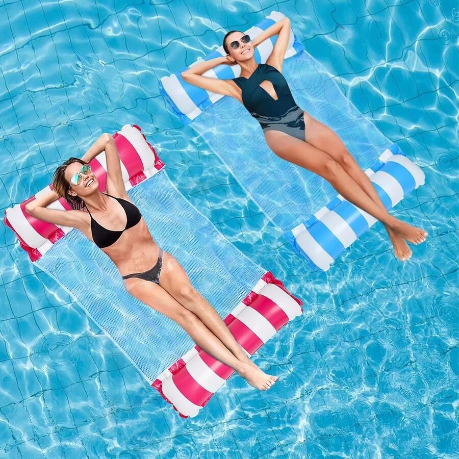 Opblaasbare waterhangmat 2 stuks luchtmatras-bed zwembad 4-in-1 zwemmat met net luchtmatras waterzwembad speelgoed voor zomer zwembadfeesten waterhangmat (roze en blauw)