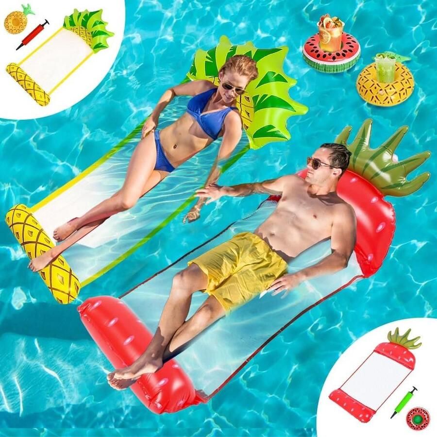 Opblaasbare Waterhangmat voor zwembad 4-in-1 Hangmatzwembad Draagbare luchtmatras met bekerhouders Strandwaterspeelgoed voor Volwassenen en Kinderen Waterhangmat