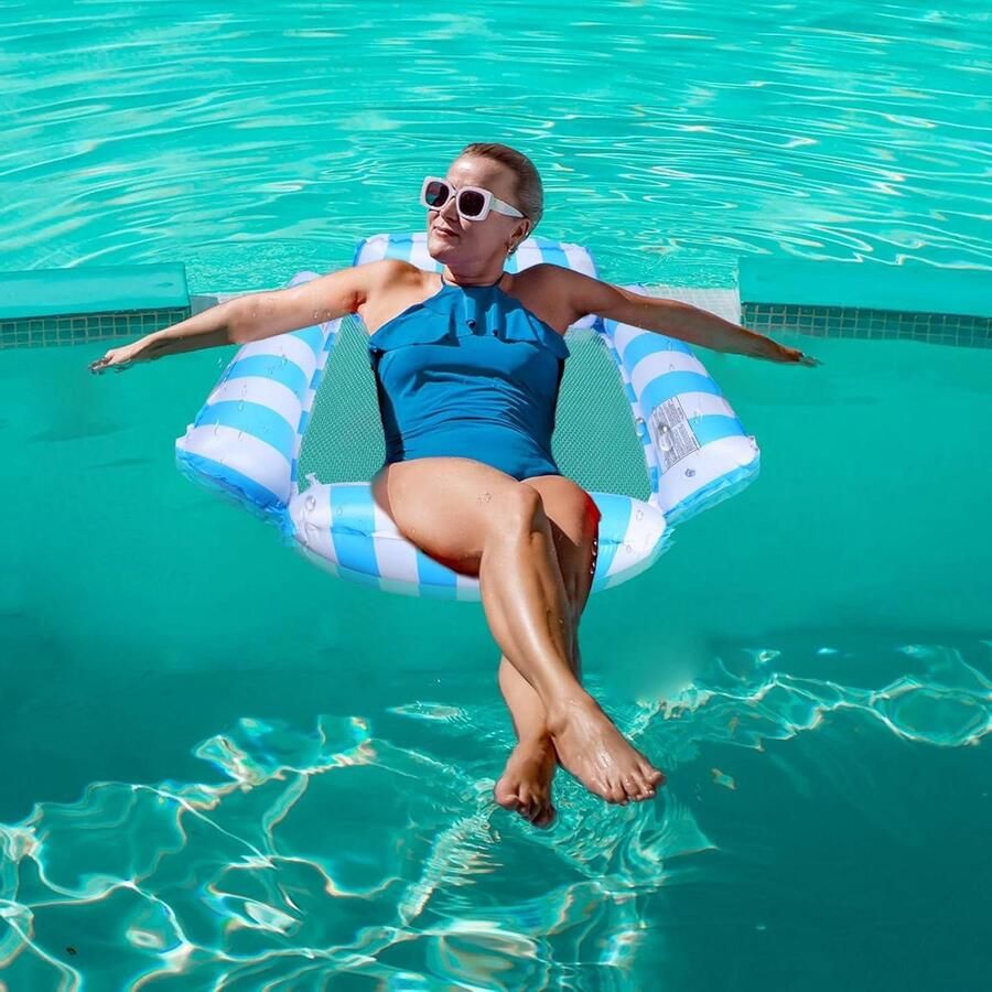 Opblaasbare zwembadhangmat Waterbed voor kinderen en volwassenen Drijvend feest zomer strand Draagbaar zwembad bed Blauw wit 1 stuk waterhangmat