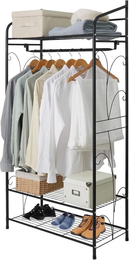 Kleerrek van metaal multifunctionele kledingkast met 1 kledingstang en 3 planken kapstok voor slaapkamer kleedkamer 79 x 36 x 161 cm