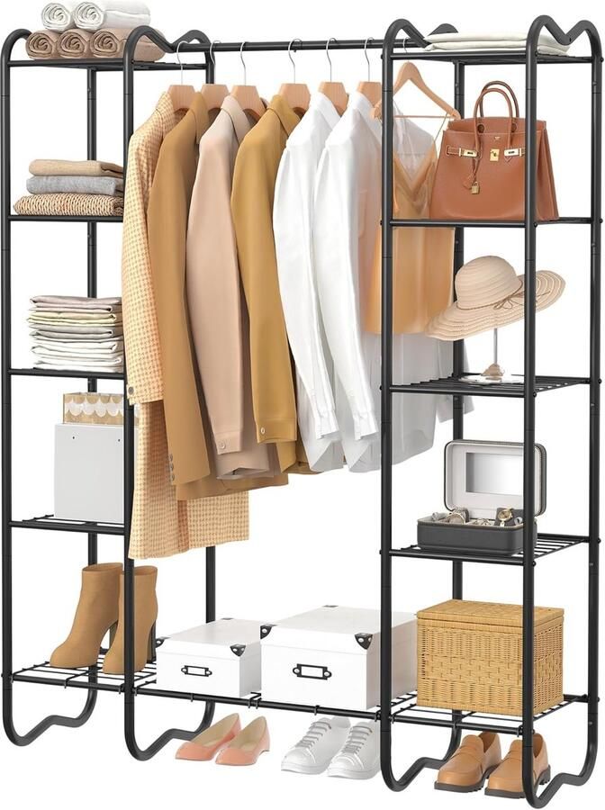 Retadou Open kledingkast kledingrek stabiel kapstok met 5 planken metalen frame voor slaapkamer woonkamer 125 90 x 39 00 x 160 00 cm zwart - Foto 2