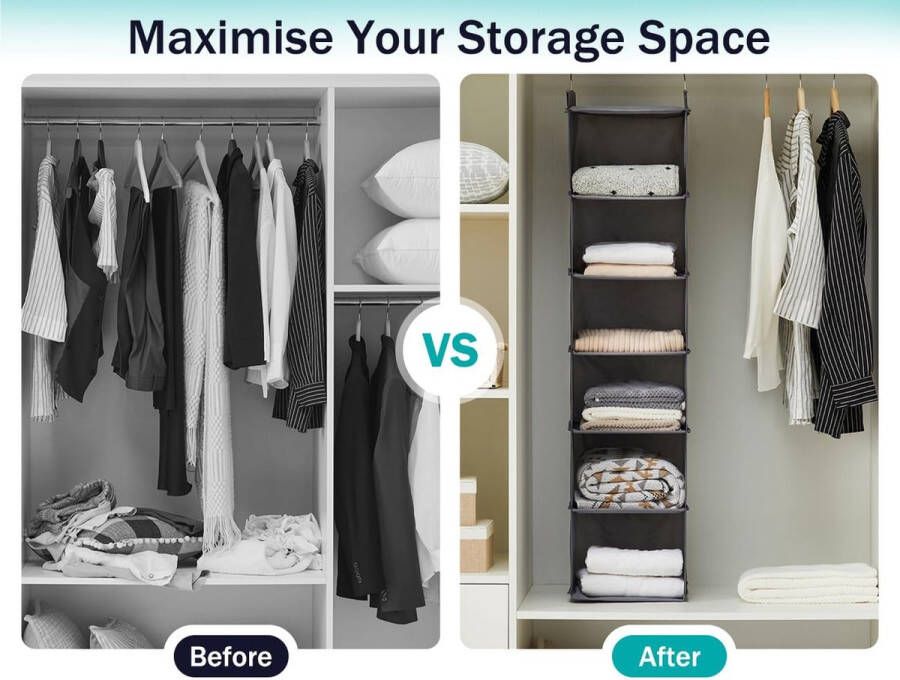 Ophangende Organisator Ophangende Plank Kastorganisator Oxford Stof 6 Compartimenten Kledingkastorganisator met Metalen Haken Organisatiesysteem Ophangende Opslag Ruimtebesparend Grijs