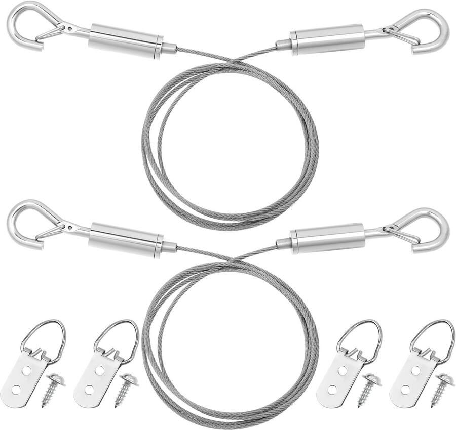 Ophangkoord voor schilderijen verstelbaar fotokoord ophangset met staaldraad en oogjes 2 m x 1 5 mm roestvrij stalen ophangdraad met haak voor het ophangen van spiegels fotolijsten en lampen (2 stuks)