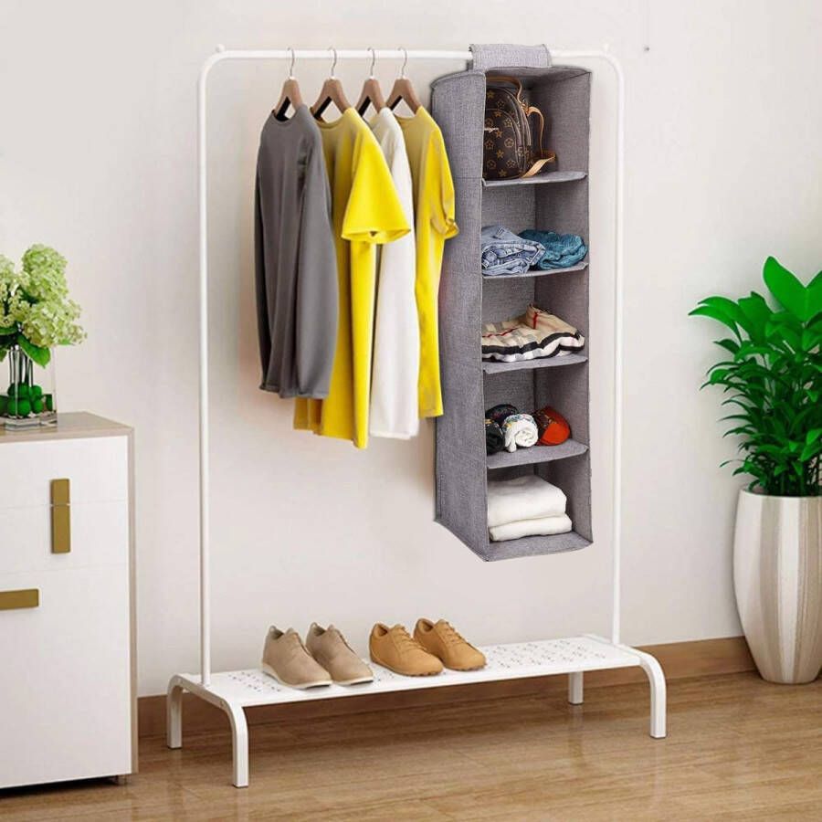 Ophangrek hangopslag met 5 vakken hangende stoffen kast kledingkast organizer voor kleding schoenen ruimtebesparend en opvouwbaar grijs
