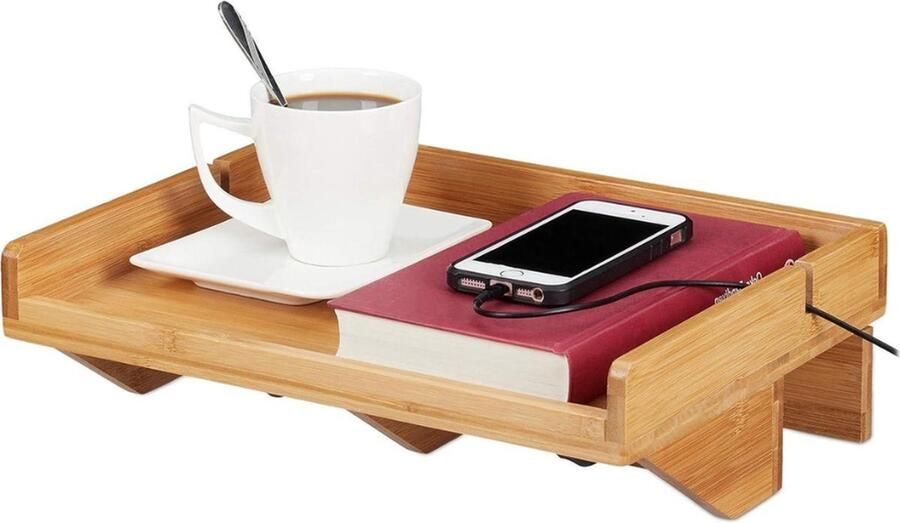 Opklapbaar nachtkastje van bamboe ruimtebesparend met kabelsleuven BT-plank 33x24 cm naturel