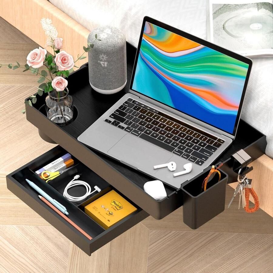 Opklapbare nachtkastje bedplank studentenkamer kinderen lade bekerhouder haak 285 x 42 cm zwart nachtkastje zwart 60 cm hoog