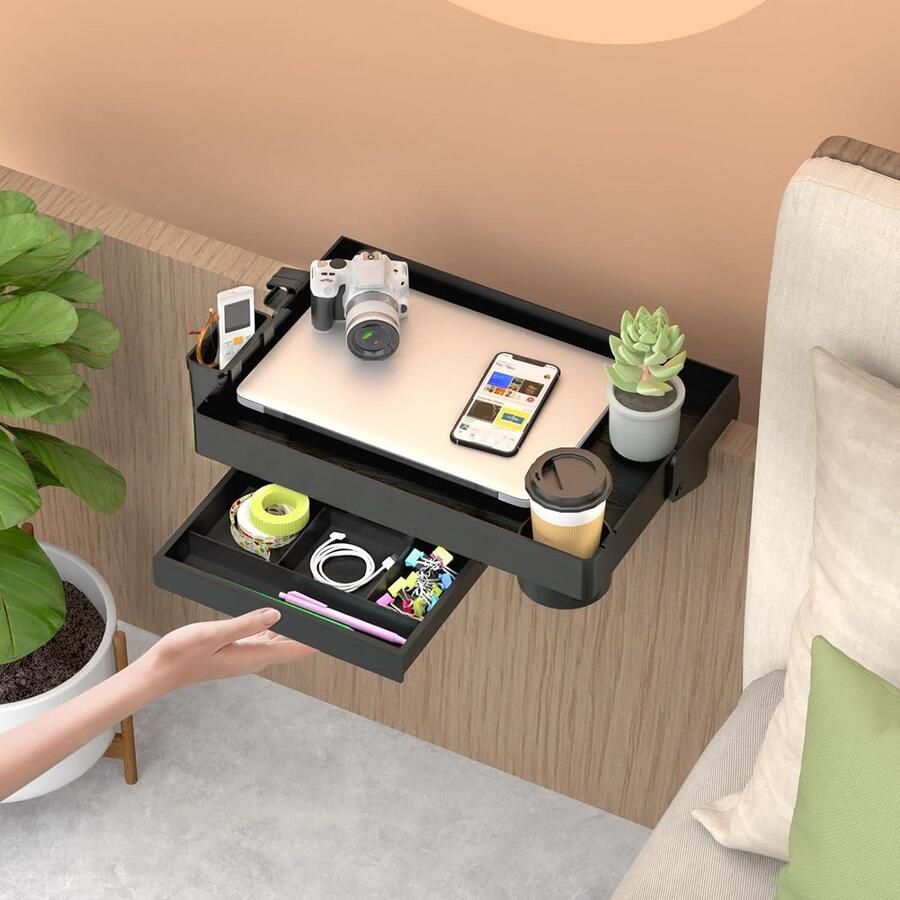 Opklapbaar nachtkastje met lade en bekerhouder Handig bedplank voor studentenkamer en kinderen Zwart 285 x 42 cm Beside shelf - Foto 2