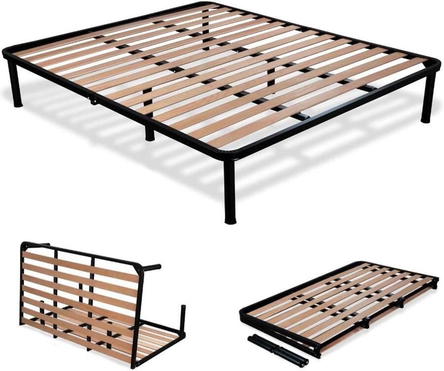 Opklapbaar Tweepersoons Bed Frame 160x200 cm H 35 cm Orthopedisch met Lattenbodem en 6 Afneembare Poten