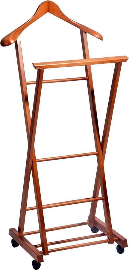 Opklapbare kledingstandaard van beukenhout Dressboy op vier wielen Stille dienaar voor pakken Opvouwbare kledingstandaard 33 x 41 x 104 cm Donkerbruin