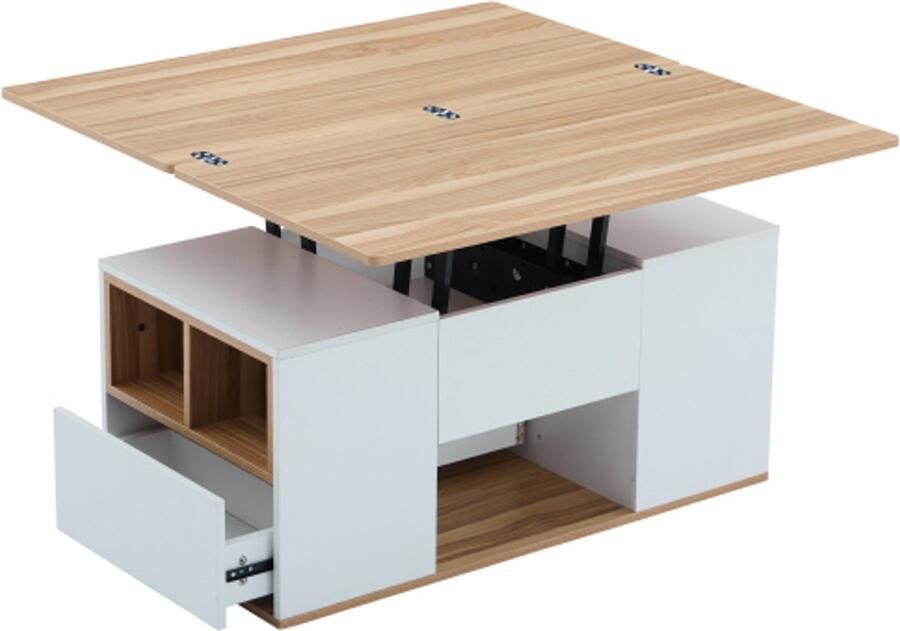 Opklapbare multifunctionele salontafel tafelblad opent naar 2 tafels twee lades wit + originele houtkleur grote capaciteit kantoor eettafel vrijetijdstafel multifunctionele tafel